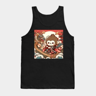 Monkey and Dragon Friendship during Edo Sunset Pagoda wave Classic Japanese Tank Top